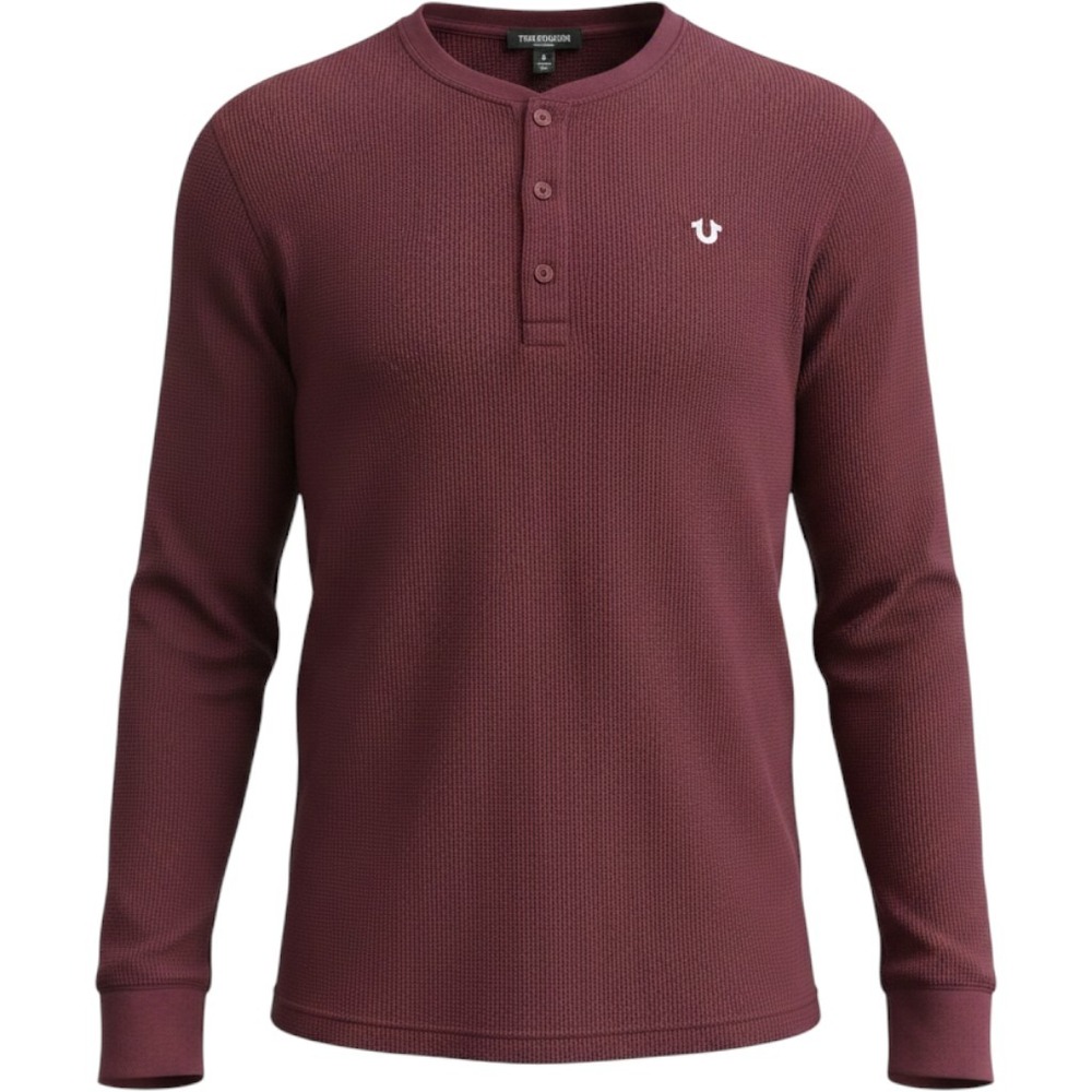 True Religion Henley Shirt Mens 3XL Burgundy Waffle Knit Long Sleeve Logo Top